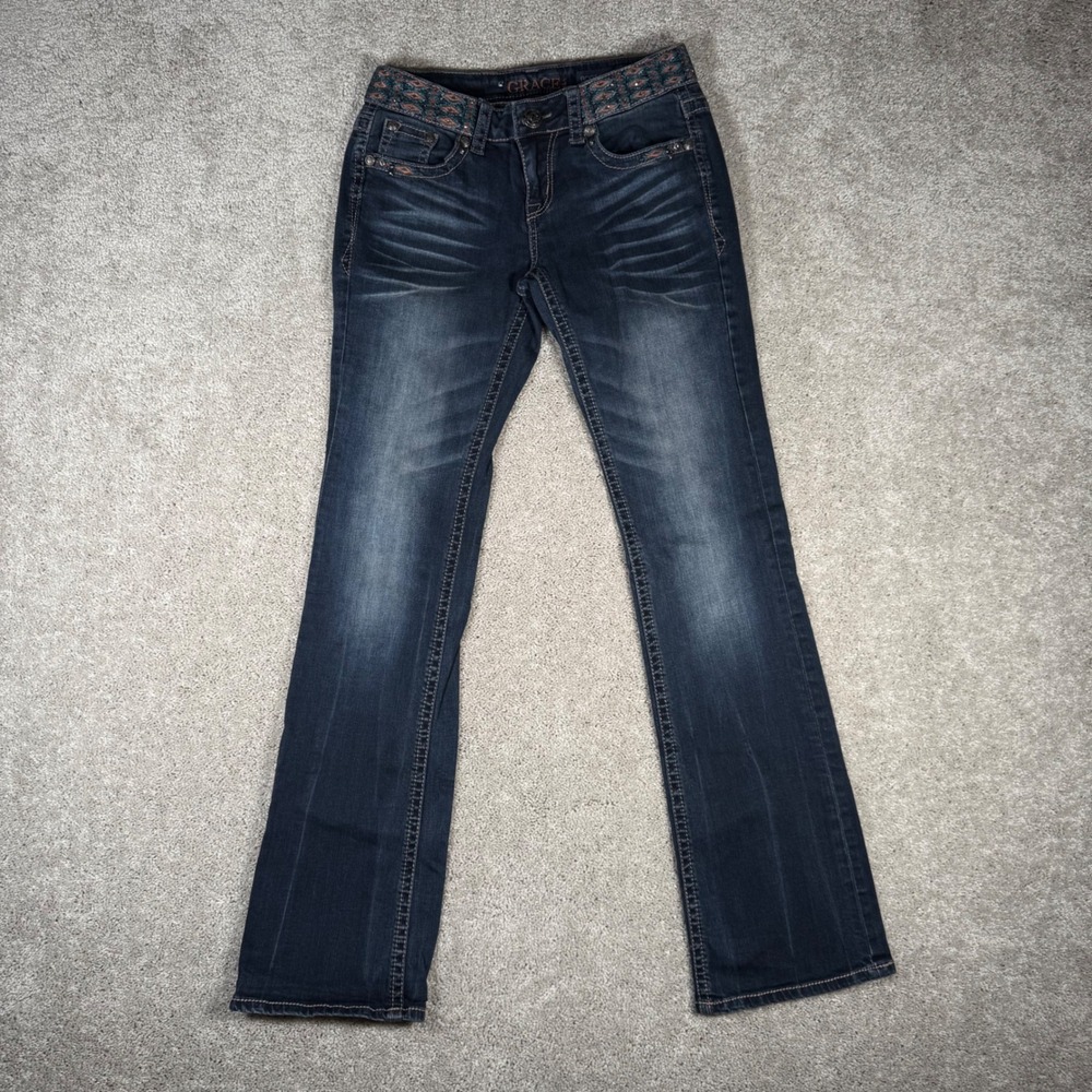 Grace in LA Women's 28 Bootcut Jeans Dark Wash Embroidered Aztec Low Rise